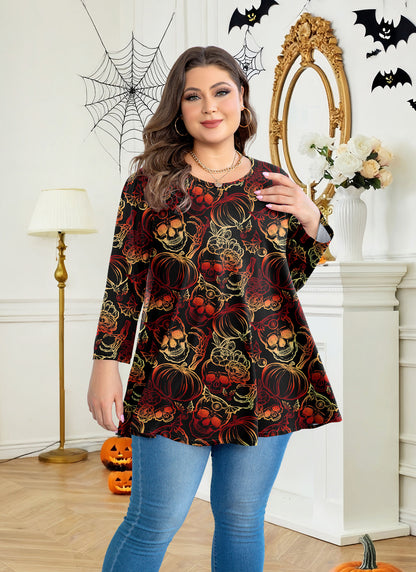 Womens Tunic 3/4 Sleeve Plus Size Tops Crew Neck Swing Flowy Loose Fit T-Shirt Blouses to Wear with Leggings Plus Size Tops Halloween