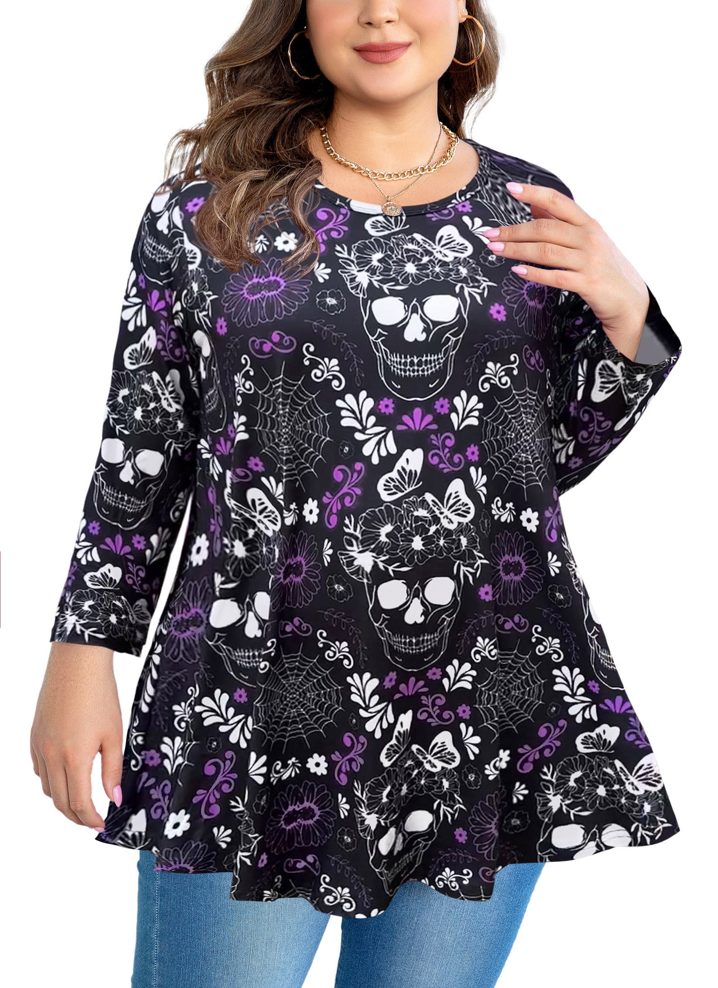 Womens Tunic Tops 3/4 Sleeve Plus Size Crew Neck Swing Flare Loose Fit T-Shirt Blouses to Wear with Leggings Tunic Halloween Pattan
