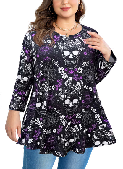 Womens Tunic Tops 3/4 Sleeve Plus Size Crew Neck Swing Flare Loose Fit T-Shirt Blouses to Wear with Leggings Tunic Halloween Pattan