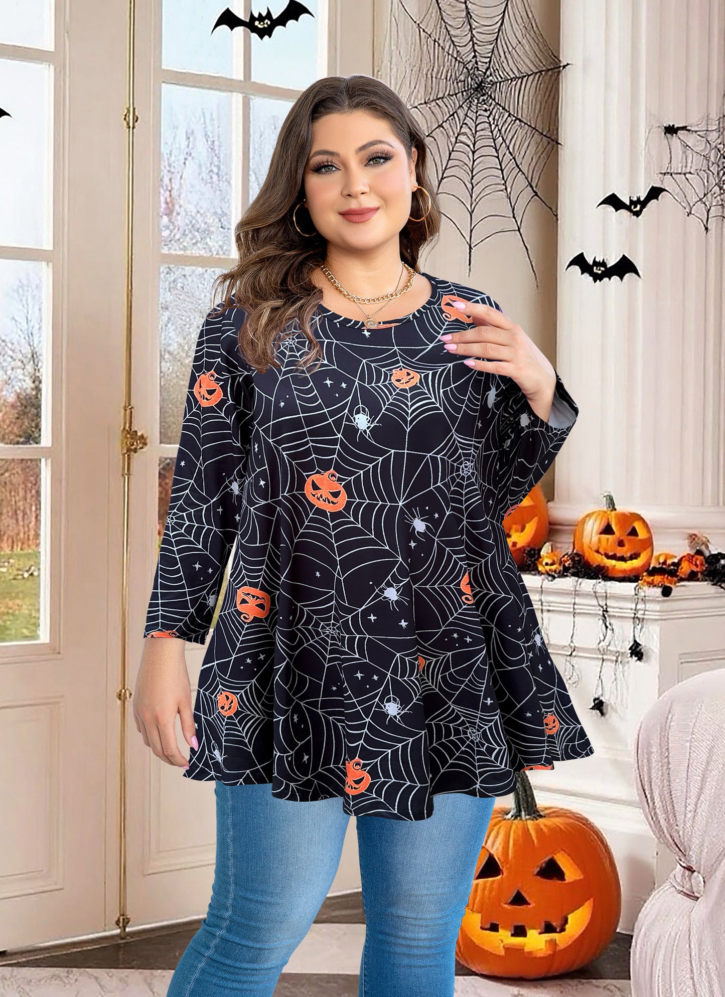 Womens Tunic 3/4 Sleeve Plus Size Tops Crew Neck Swing Flowy Loose Fit T-Shirt Blouses to Wear with Leggings Tunic Tops Halloween Pattan