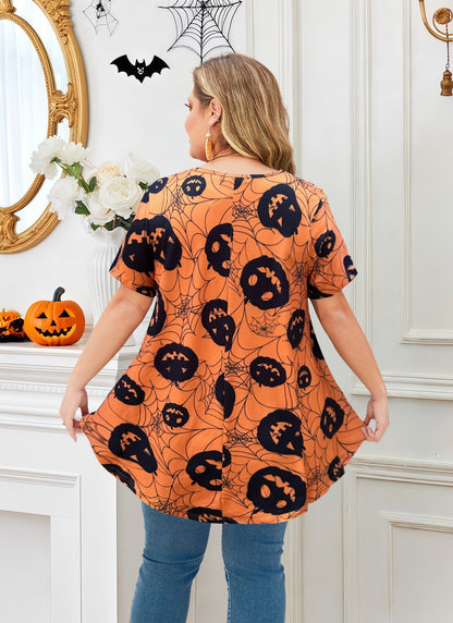 Tunic Tops for Women Plus Size Short Sleeve Crew Neck Swing Flare Loose T-Shirt Blouses to Wear with Leggings Halloween Tops Black Yellow