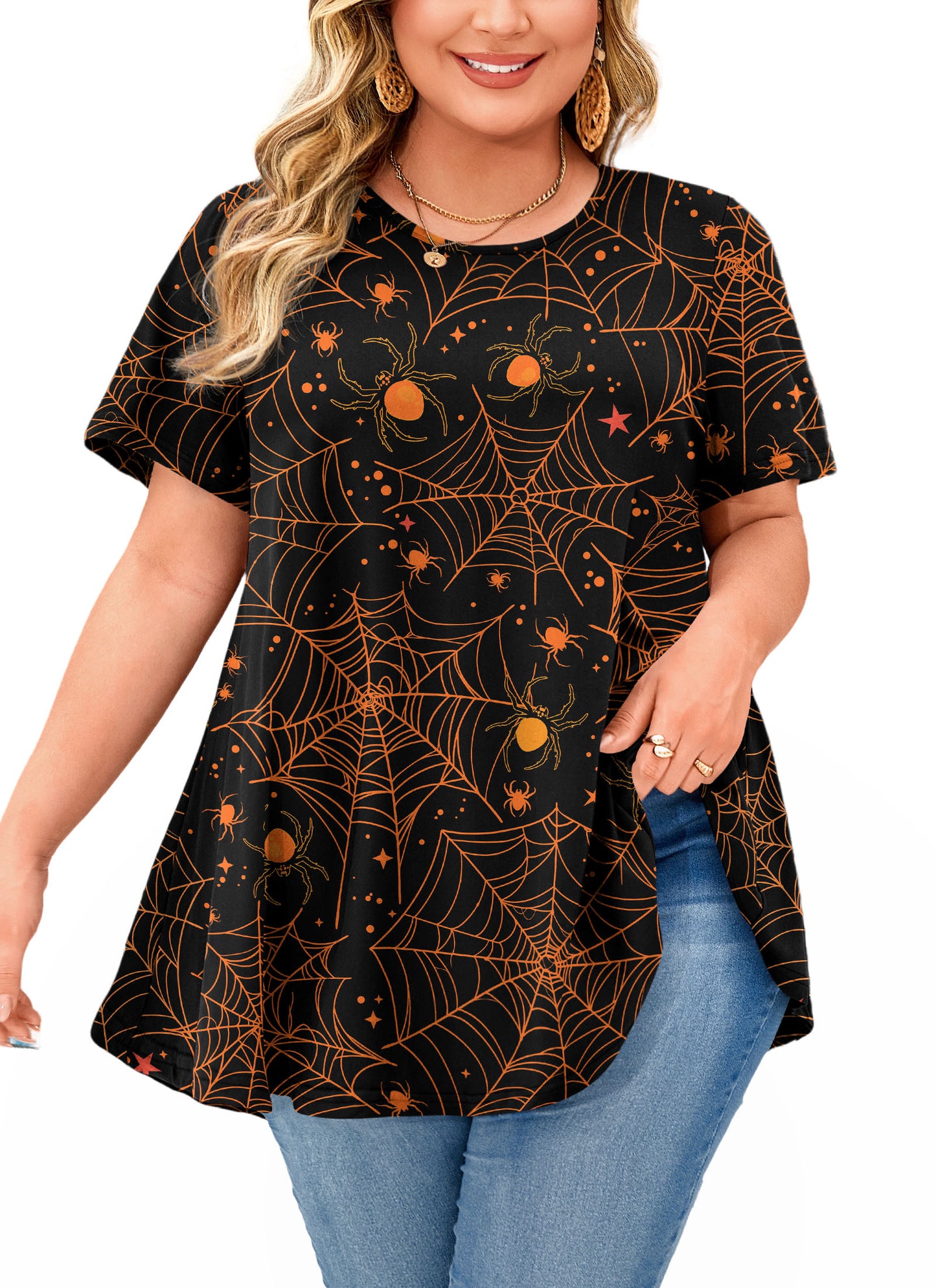 Womens Plus Size Tops Short Sleeve Swing Flare Flowy Tunic Loose Fit Summer Casual Blouses to Wear with Leggings Tunics Halloween Tops