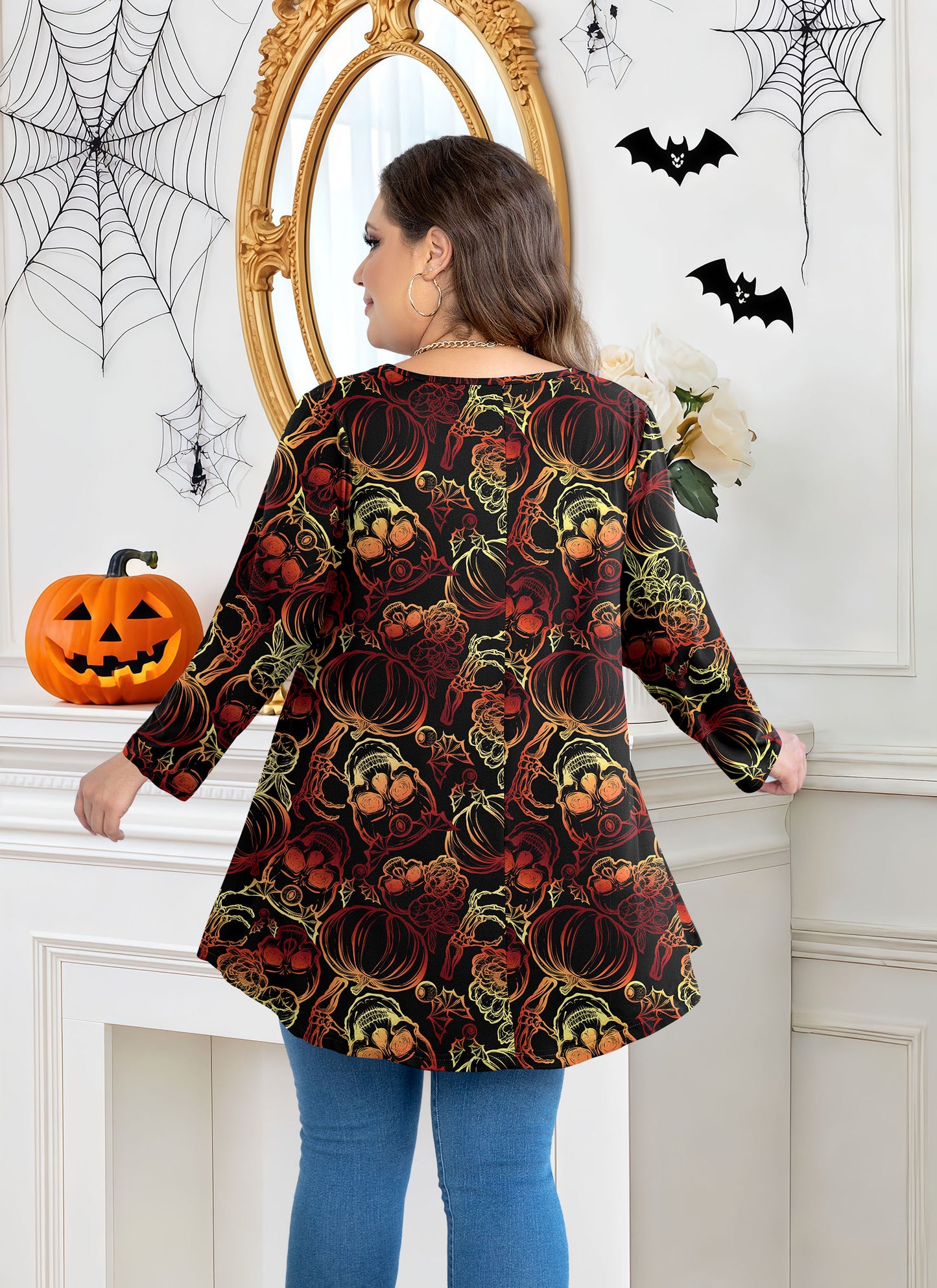 Womens Tunic 3/4 Sleeve Plus Size Tops Crew Neck Swing Flowy Loose Fit T-Shirt Blouses to Wear with Leggings Plus Size Tops Halloween