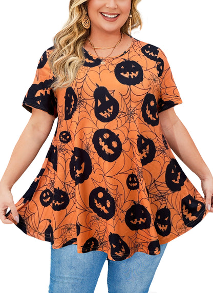 Tunic Tops for Women Plus Size Short Sleeve Crew Neck Swing Flare Loose T-Shirt Blouses to Wear with Leggings Halloween Tops Black Yellow
