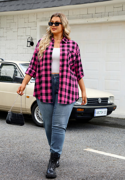 Womens Plus Size Flannel Shirts Long Sleeve Button Down Plaid Shirt Roll Up Oversize Checkered Blouse Top Fall A-03 Hot Pink Flannel Plaid Shirt
