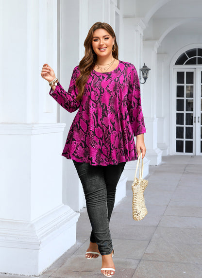 Womens Tunic 3/4 Sleeve Plus Size Tops Crew Neck Swing Flowy Loose Fit T-Shirt Blouses to Wear with Leggings Tops Hot Pink Snake Skin