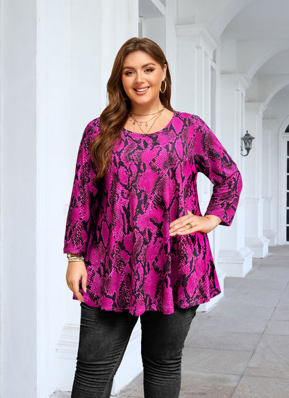 Womens Tunic 3/4 Sleeve Plus Size Tops Crew Neck Swing Flowy Loose Fit T-Shirt Blouses to Wear with Leggings Tops Hot Pink Snake Skin