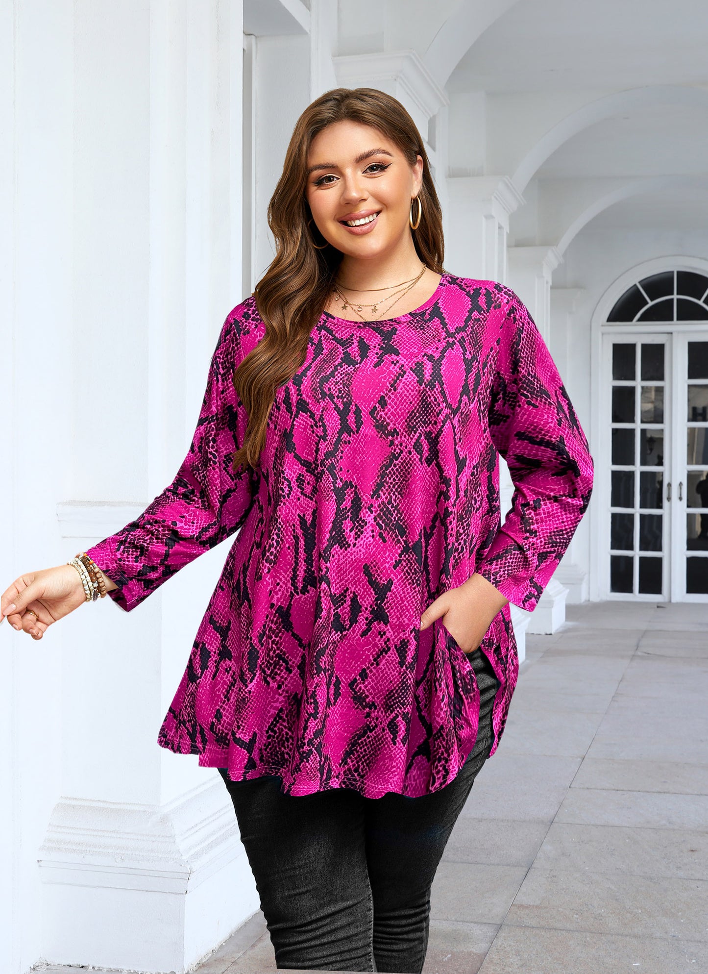 Womens Tunic 3/4 Sleeve Plus Size Tops Crew Neck Swing Flowy Loose Fit T-Shirt Blouses to Wear with Leggings Tops Hot Pink Snake Skin