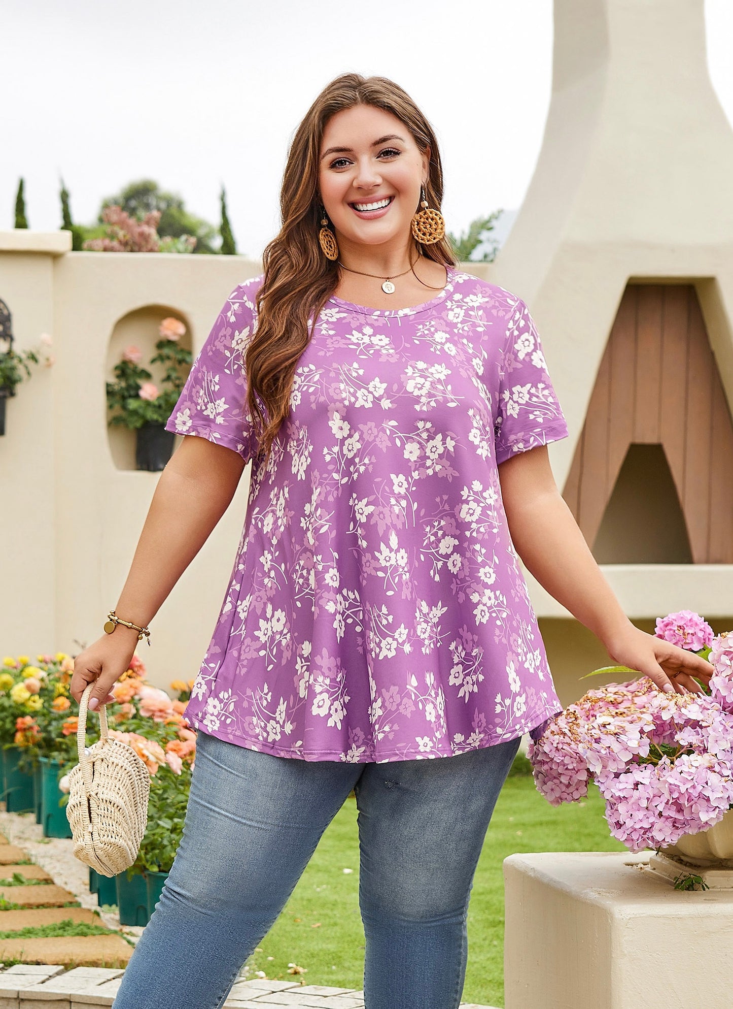 Womens Plus Size Tops Short Sleeve Swing Flare Flowy Tunic Loose Fit Summer Casual Blouses to Wear with Leggings Purple White Tunic