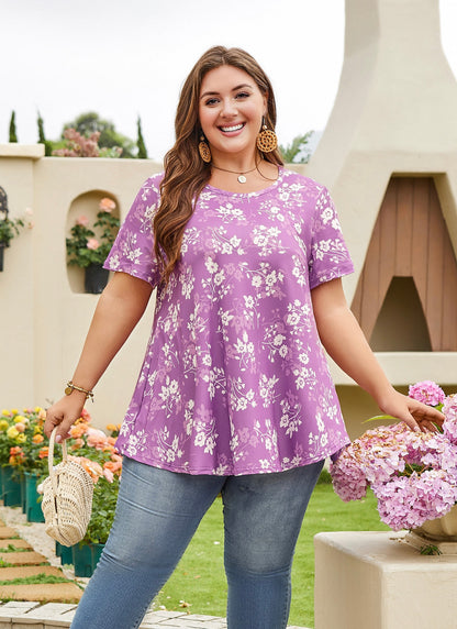 Womens Plus Size Tops Short Sleeve Swing Flare Flowy Tunic Loose Fit Summer Casual Blouses to Wear with Leggings Purple White Tunic