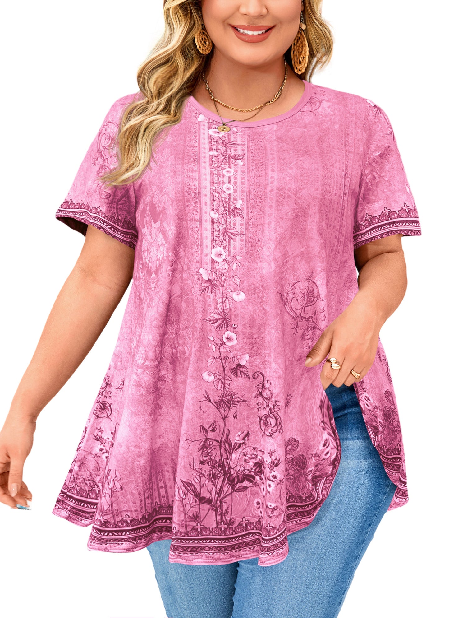Womens Plus Size Tops Short Sleeve Swing Flare Flowy Tunic Loose Fit Summer Casual Blouses to Wear with Leggings Pink Floral Plus Size Tops