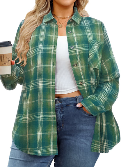 Womens Plus Size Flannel Shirts Long Sleeve Button Down Plaid Shirt Roll Up Oversize Checkered Blouse Top Fall F-02 Green Flannel Plaid Shirt