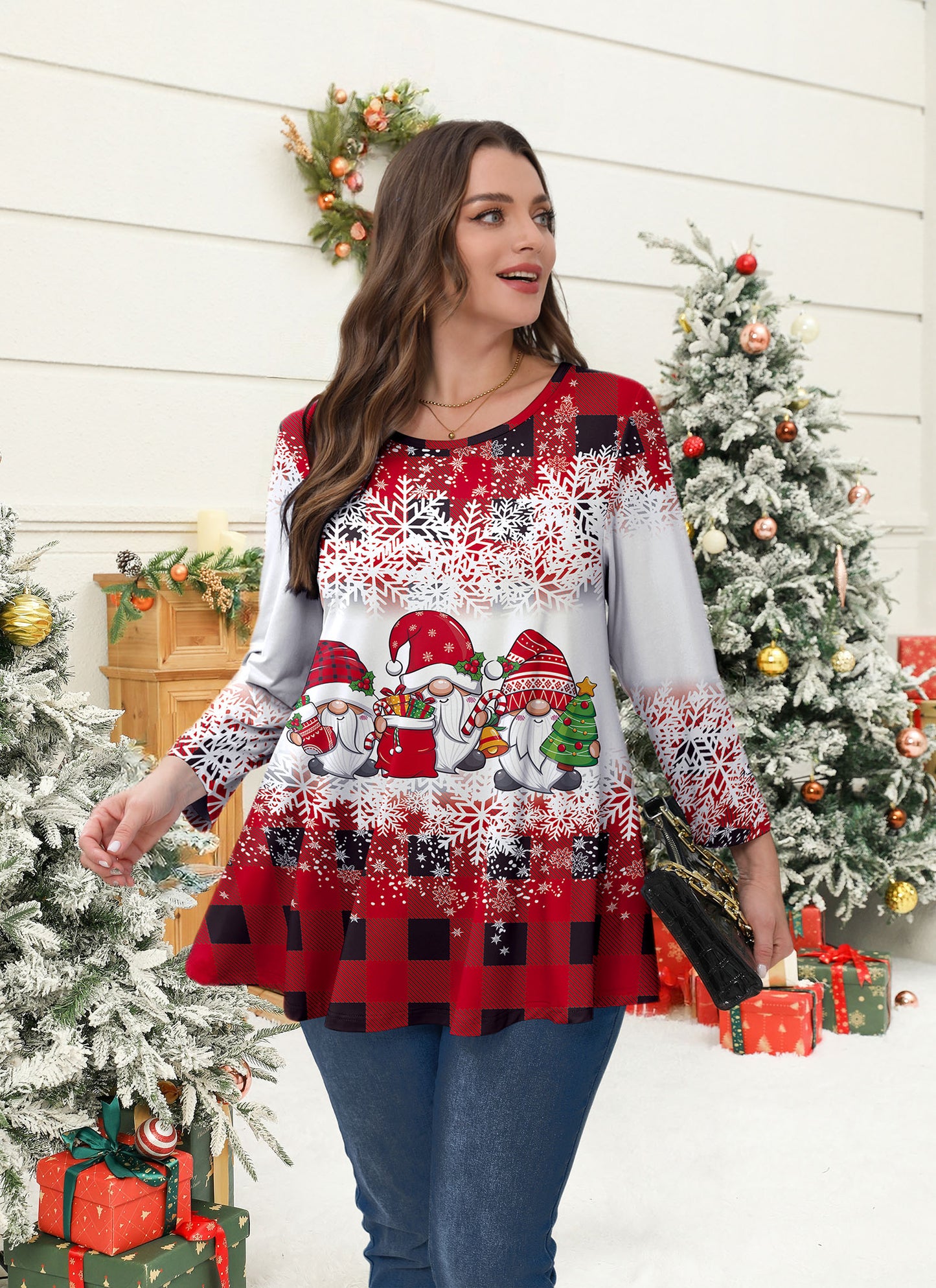 Womens Tunic 3/4 Sleeve Plus Size Tops Crew Neck Swing Flowy Loose Fit T-Shirt Blouses to Wear with Leggings Christmas Plaid Tunic Tops