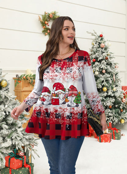 Womens Tunic 3/4 Sleeve Plus Size Tops Crew Neck Swing Flowy Loose Fit T-Shirt Blouses to Wear with Leggings Christmas Plaid Tunic Tops