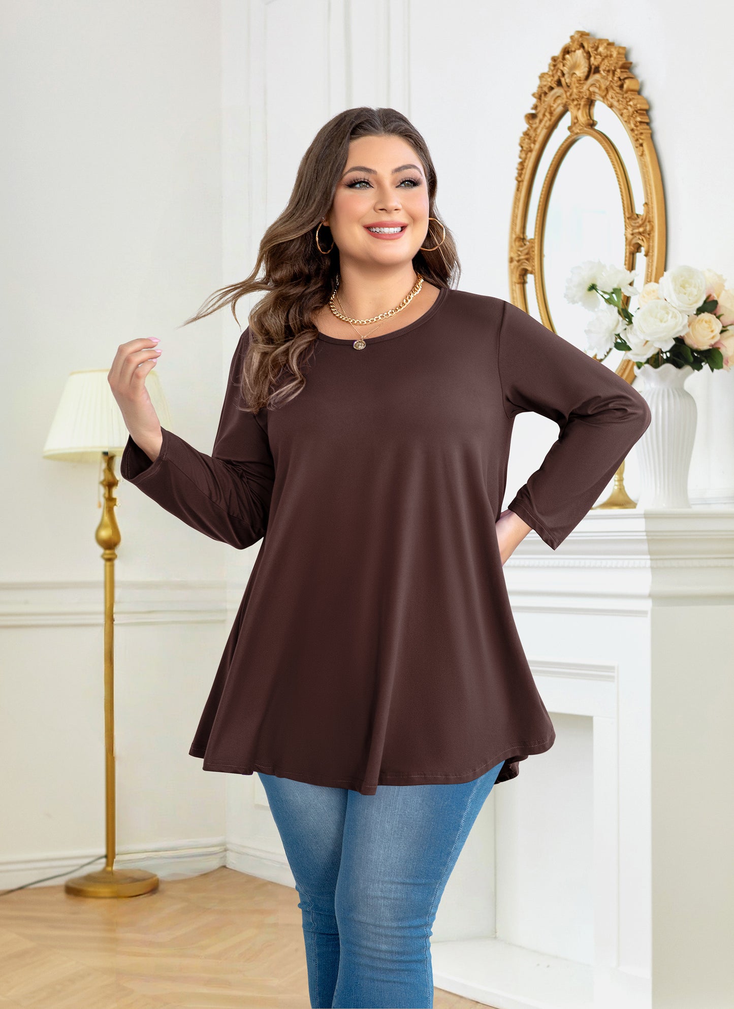 Womens Tops - Plus Size Tunics 3/4 Sleeve Loose Fit Dressy Casual Long Swing Flowy Lady Blouses Shirts Wear with Leggings Teals Blue Clothing A42 SATBBRO