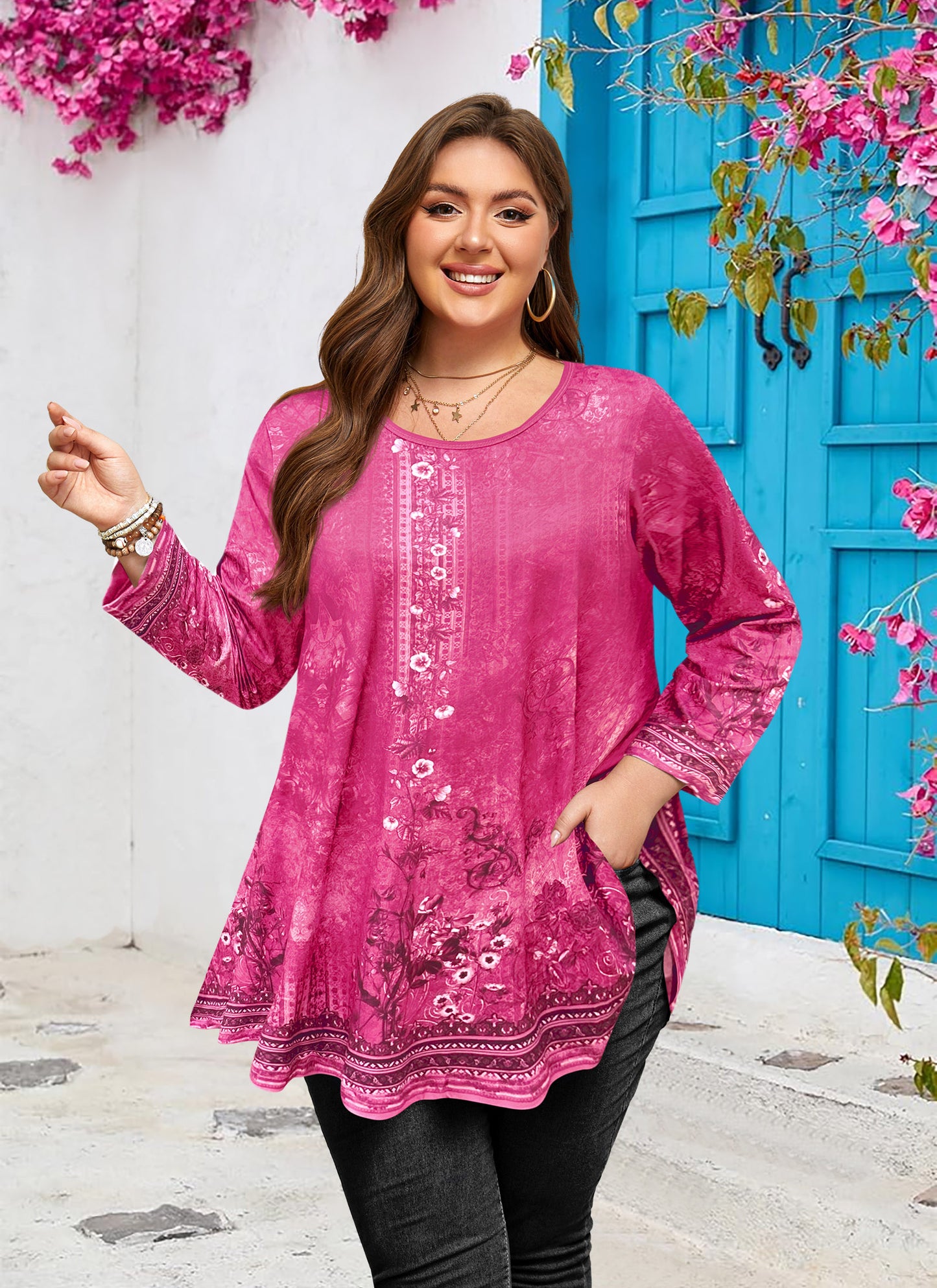 Womens Tunic 3/4 Sleeve Plus Size Tops Crew Neck Swing Flowy Loose Fit T-Shirt Blouses to Wear with Leggings Hot Pink Floral Tunic