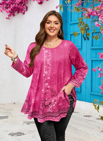Womens Tunic 3/4 Sleeve Plus Size Tops Crew Neck Swing Flowy Loose Fit T-Shirt Blouses to Wear with Leggings Hot Pink Floral Tunic