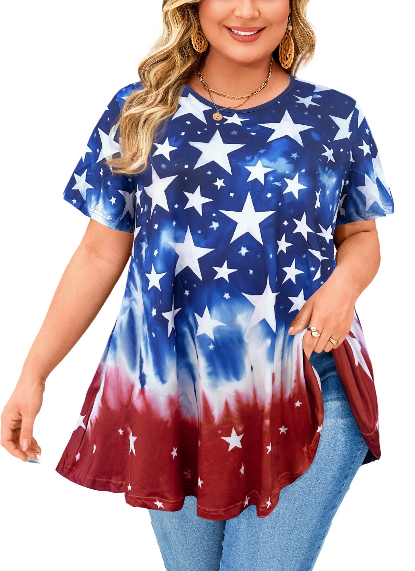 Tunic Tops for Women Plus Size Short Sleeve Crew Neck Swing Flare Loose T-Shirt Blouses to Wear with Leggings American Flag Tunic