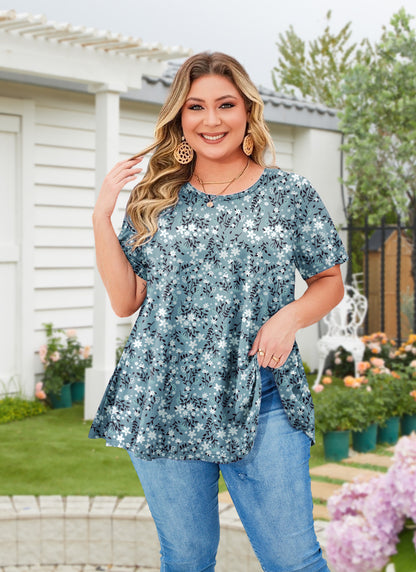 Womens Plus Size Tops Short Sleeve Swing Flare Flowy Tunic Loose Fit Summer Casual Blouses to Wear with Leggings Teals White Tops