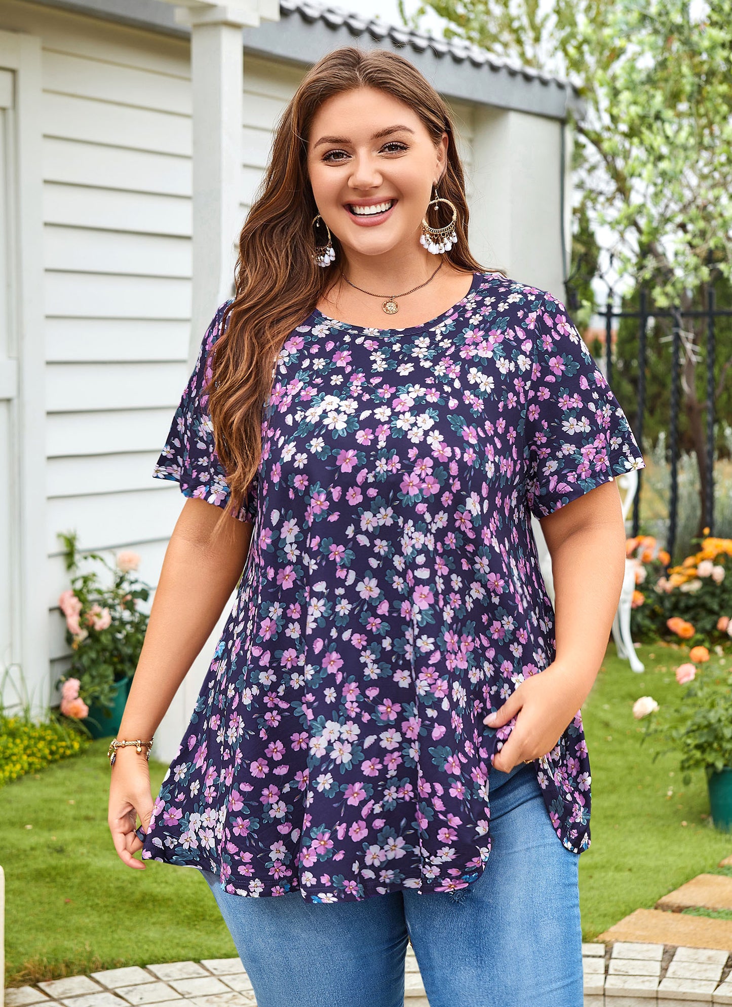 Tunic Tops for Women Plus Size Short Sleeve Crew Neck Swing Flare Loose T-Shirt Blouses to Wear with Leggings  Purple Floral Tunic Navy