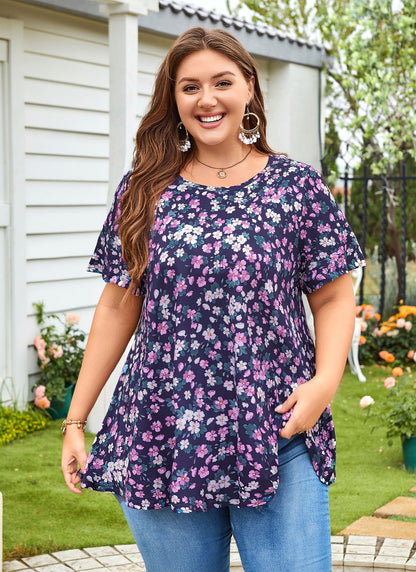 Tunic Tops for Women Plus Size Short Sleeve Crew Neck Swing Flare Loose T-Shirt Blouses to Wear with Leggings  Purple Floral Tunic Navy