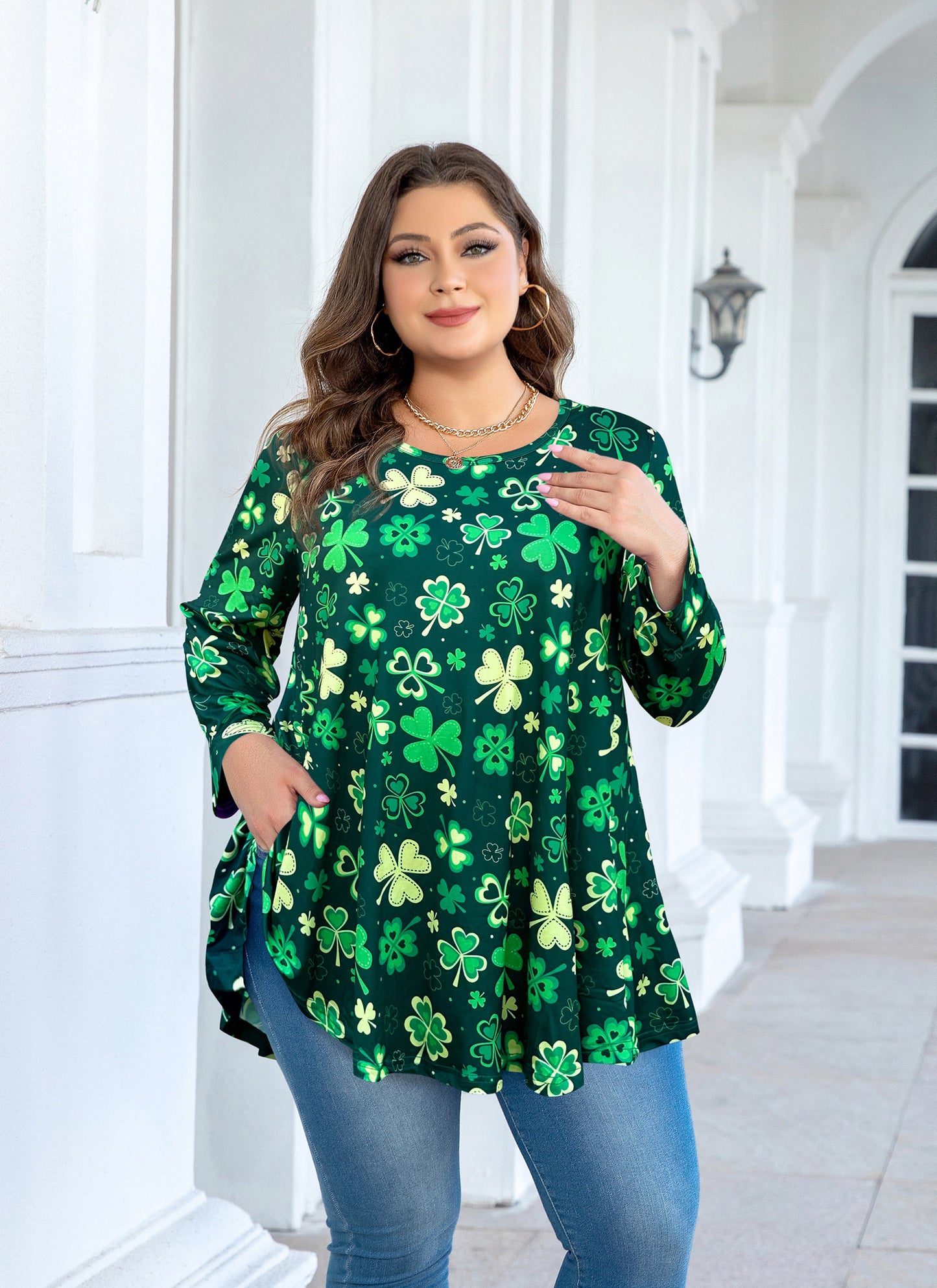 Womens Tunic Tops 3/4 Sleeve Plus Size Crew Neck Swing Flare Loose Fit T-Shirt Blouses to Wear with Leggings IV
