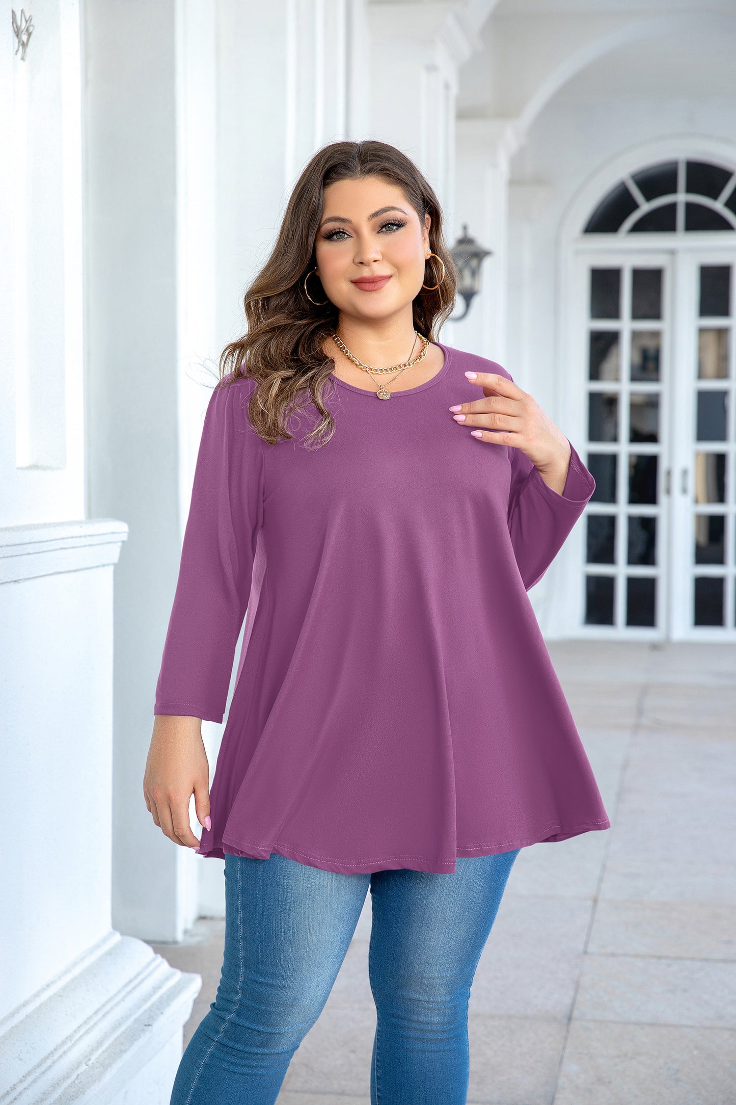 Womens Tops - Plus Size Tunics 3/4 Sleeve Loose Fit Dressy Casual Long Swing Flowy Lady Blouses Shirts Wear with Leggings Teals Blue Clothing A29 SATSP