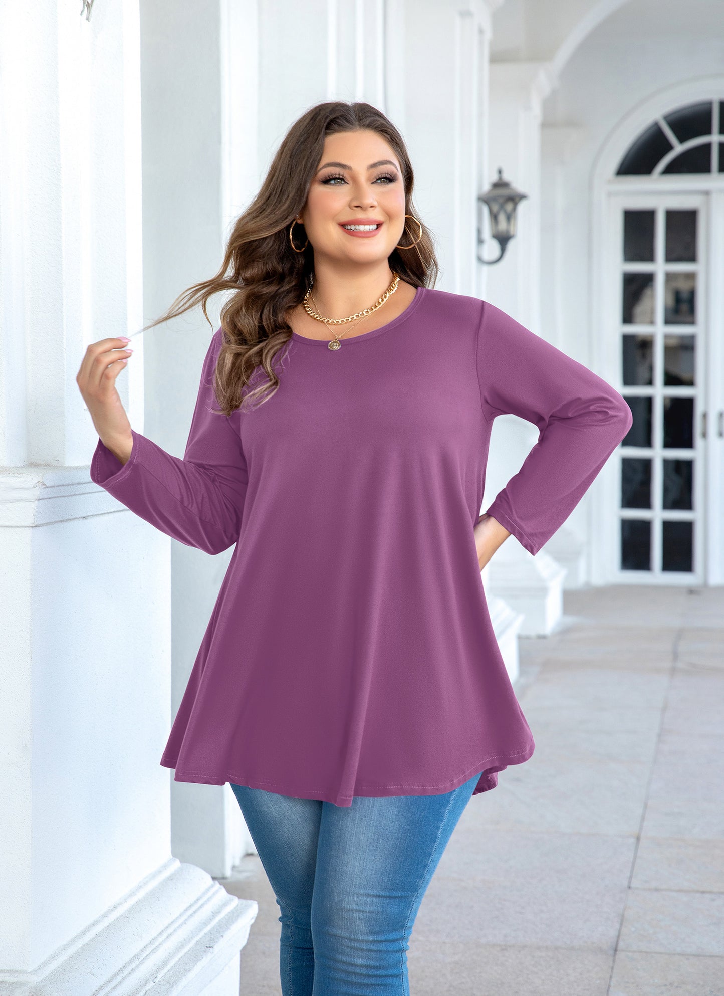Womens Tops - Plus Size Tunics 3/4 Sleeve Loose Fit Dressy Casual Long Swing Flowy Lady Blouses Shirts Wear with Leggings Teals Blue Clothing A29 SATSP