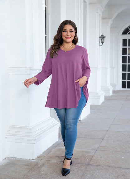 Womens Tops - Plus Size Tunics 3/4 Sleeve Loose Fit Dressy Casual Long Swing Flowy Lady Blouses Shirts Wear with Leggings Teals Blue Clothing A29 SATSP