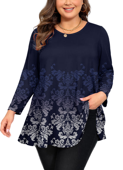 Womens Tunic Tops 3/4 Sleeve Plus Size Crew Neck Swing Flare Loose Fit T-Shirt Blouses to Wear with Leggings Navy Blue Tunics Floral Printed