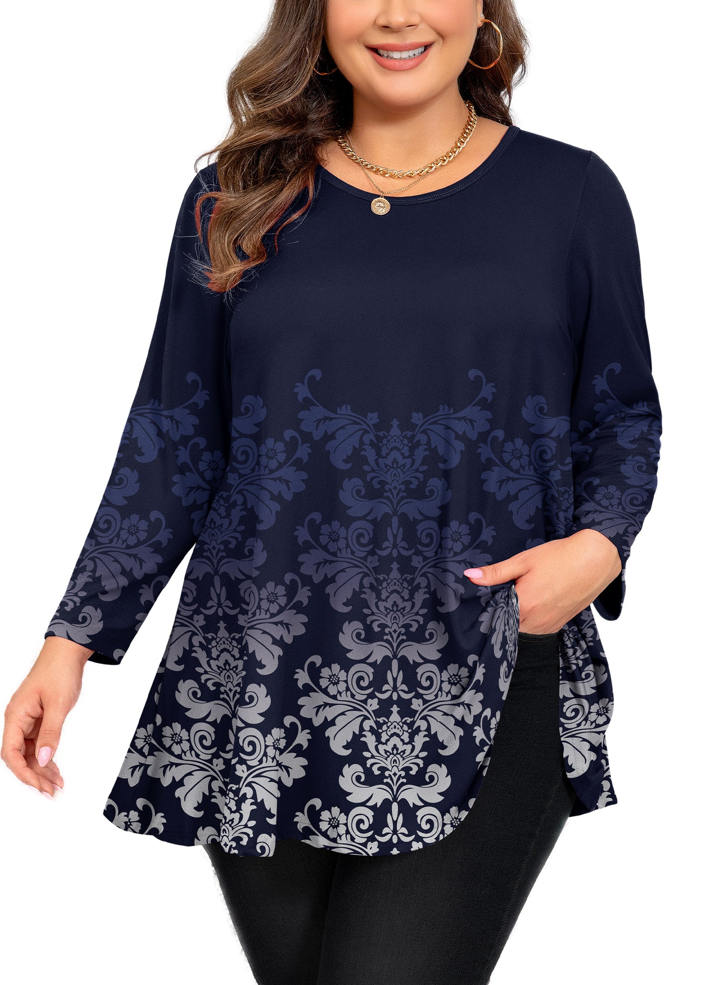 Womens Tops - Plus Size Tunics 3/4 Sleeve Loose Fit Dressy Casual Long Swing Flowy Lady Blouses Shirts Wear with Leggings Teals Blue Clothing A35 SATNBF