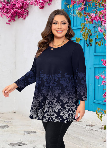 Womens Tops - Plus Size Tunics 3/4 Sleeve Loose Fit Dressy Casual Long Swing Flowy Lady Blouses Shirts Wear with Leggings Teals Blue Clothing A35 SATNBF