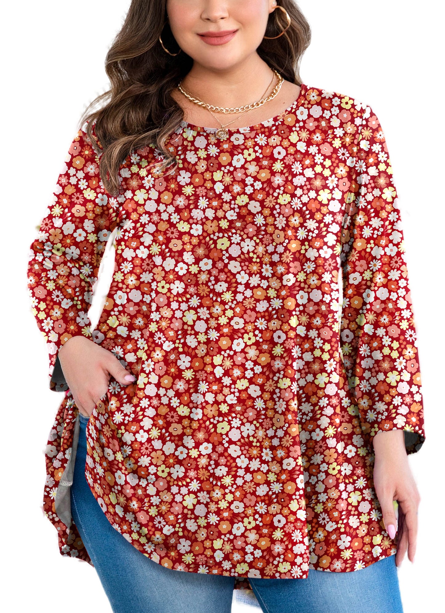 Womens Tops - Plus Size Tunics 3/4 Sleeve Loose Fit Dressy Casual Long Swing Flowy Lady Blouses Shirts Wear with Leggings Teals Blue Clothing A30 SATRF