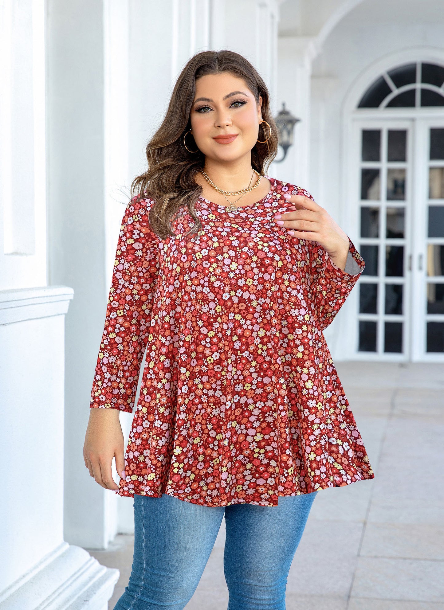 Womens Tops - Plus Size Tunics 3/4 Sleeve Loose Fit Dressy Casual Long Swing Flowy Lady Blouses Shirts Wear with Leggings Teals Blue Clothing A30 SATRF