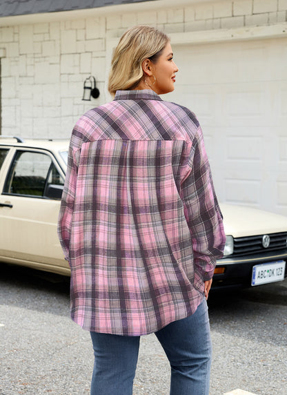 Womens Plus Size Flannel Shirts Long Sleeve Button Down Plaid Shirt Roll Up Oversize Checkered Blouse Top Fall A-04 Light Pink Flannel Plaid Shirt