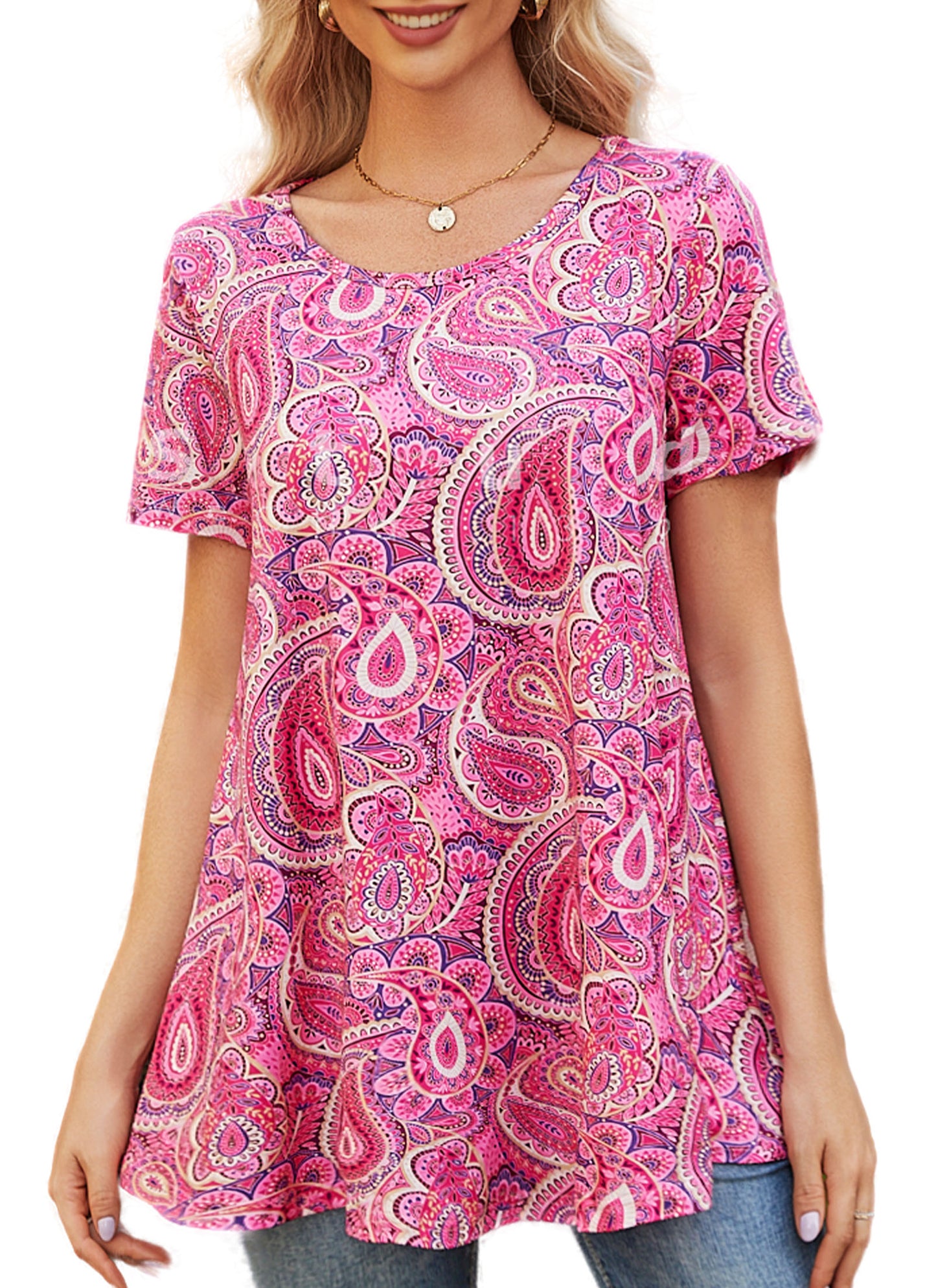 Tunic Tops for Women Plus Size Short Sleeve Crew Neck Swing Flare Loose T-Shirt Blouses to Wear with Leggings B17 SATXPP