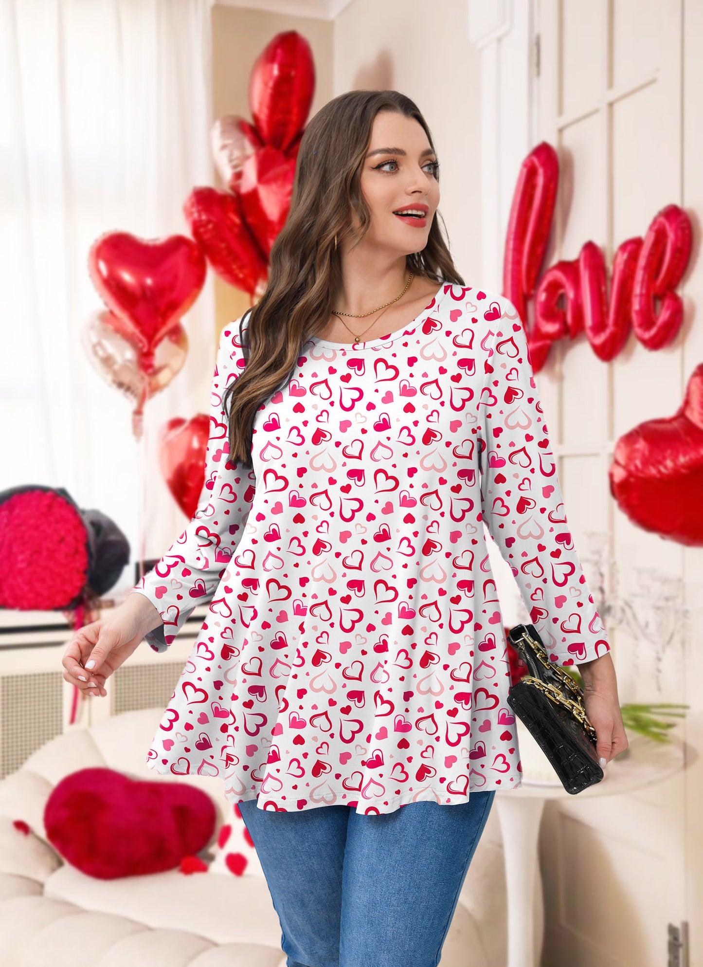 Womens Tunic Tops 3/4 Sleeve Plus Size Crew Neck Swing Flare Loose Fit T-Shirt Blouses to Wear with Leggings White Pink Red Tunic