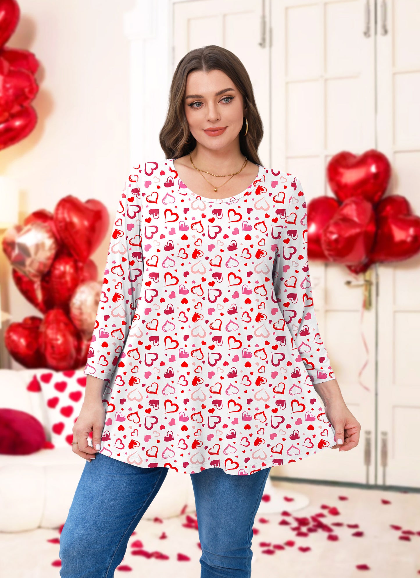 Womens Tunic Tops 3/4 Sleeve Plus Size Crew Neck Swing Flare Loose Fit T-Shirt Blouses to Wear with Leggings White Pink Red Tunic