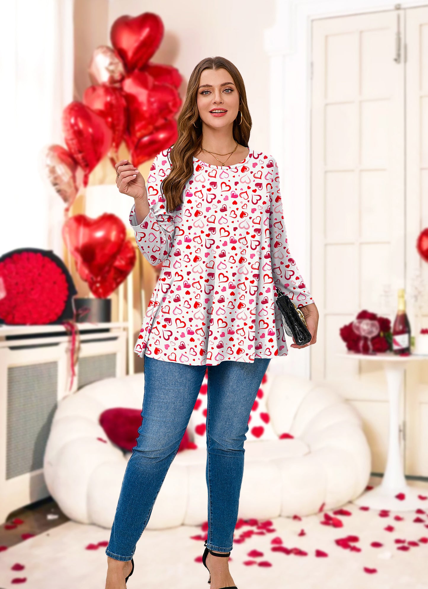 Womens Tunic Tops 3/4 Sleeve Plus Size Crew Neck Swing Flare Loose Fit T-Shirt Blouses to Wear with Leggings White Pink Red Tunic
