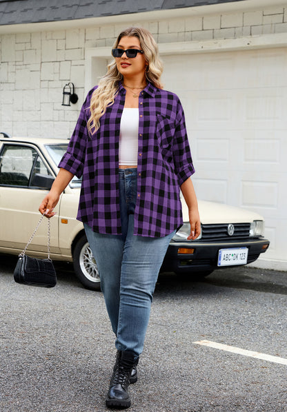 Womens Plus Size Flannel Shirts Long Sleeve Button Down Plaid Shirt Roll Up Oversize Checkered Blouse Top Fall C-01 Purple Flannel Shirt