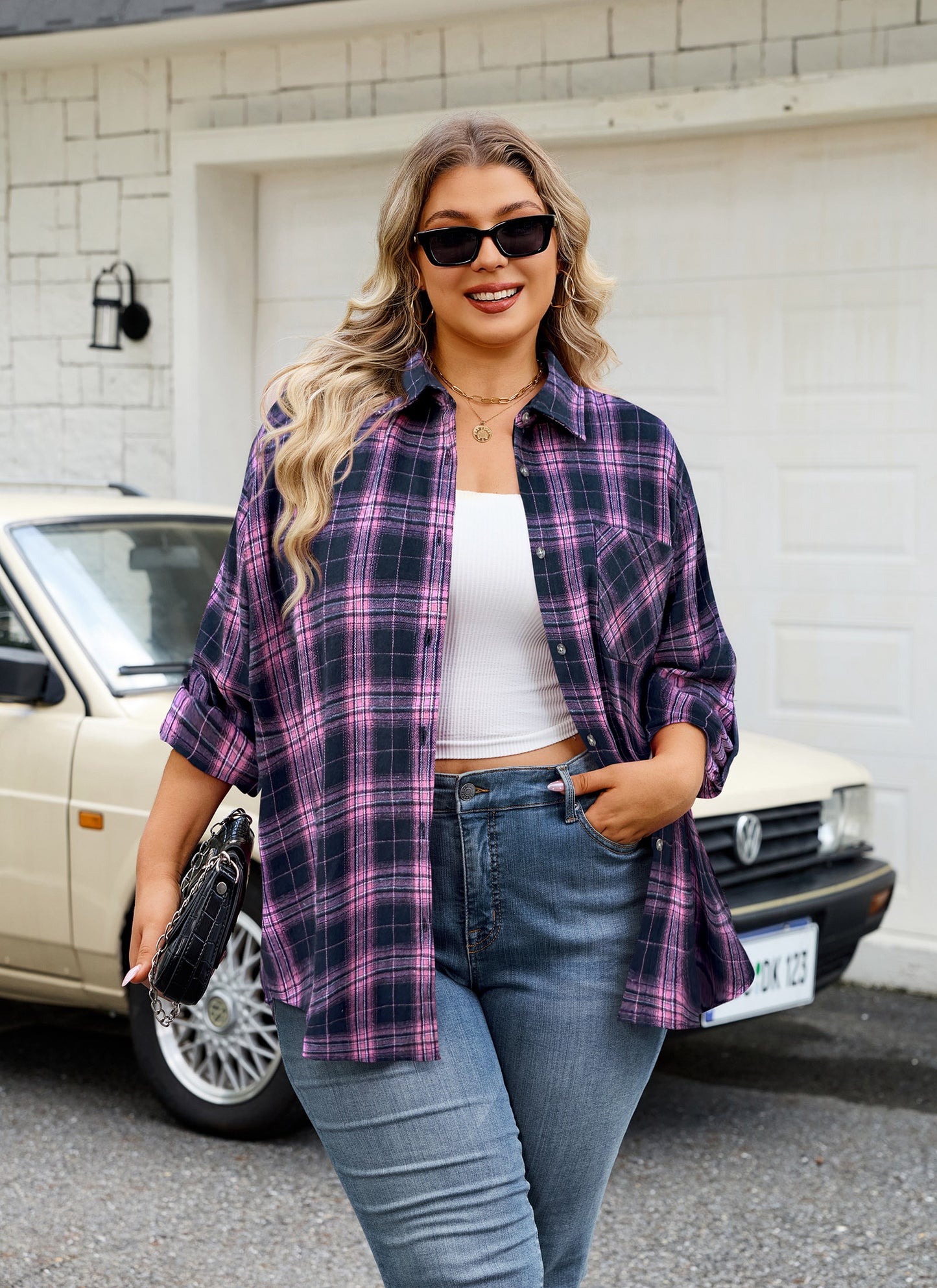 Womens Plus Size Flannel Shirts Long Sleeve Button Down Plaid Shirt Roll Up Oversize Checkered Blouse Top Fall  A-02 Pink Navy Blue Plaid Shirt