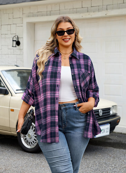 Womens Plus Size Flannel Shirts Long Sleeve Button Down Plaid Shirt Roll Up Oversize Checkered Blouse Top Fall  A-02 Pink Navy Blue Plaid Shirt