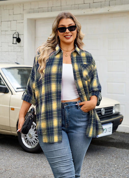 Womens Plus Size Flannel Shirts Long Sleeve Button Down Plaid Shirt Roll Up Oversize Checkered Blouse Top Fall G-01 Yellow Flannel Shirt