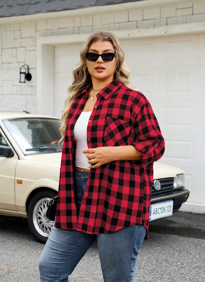 Womens Plus Size Flannel Shirts Long Sleeve Button Down Plaid Shirt Roll Up Oversize Checkered Blouse Top Fall E-01 Red Plaid Shirt