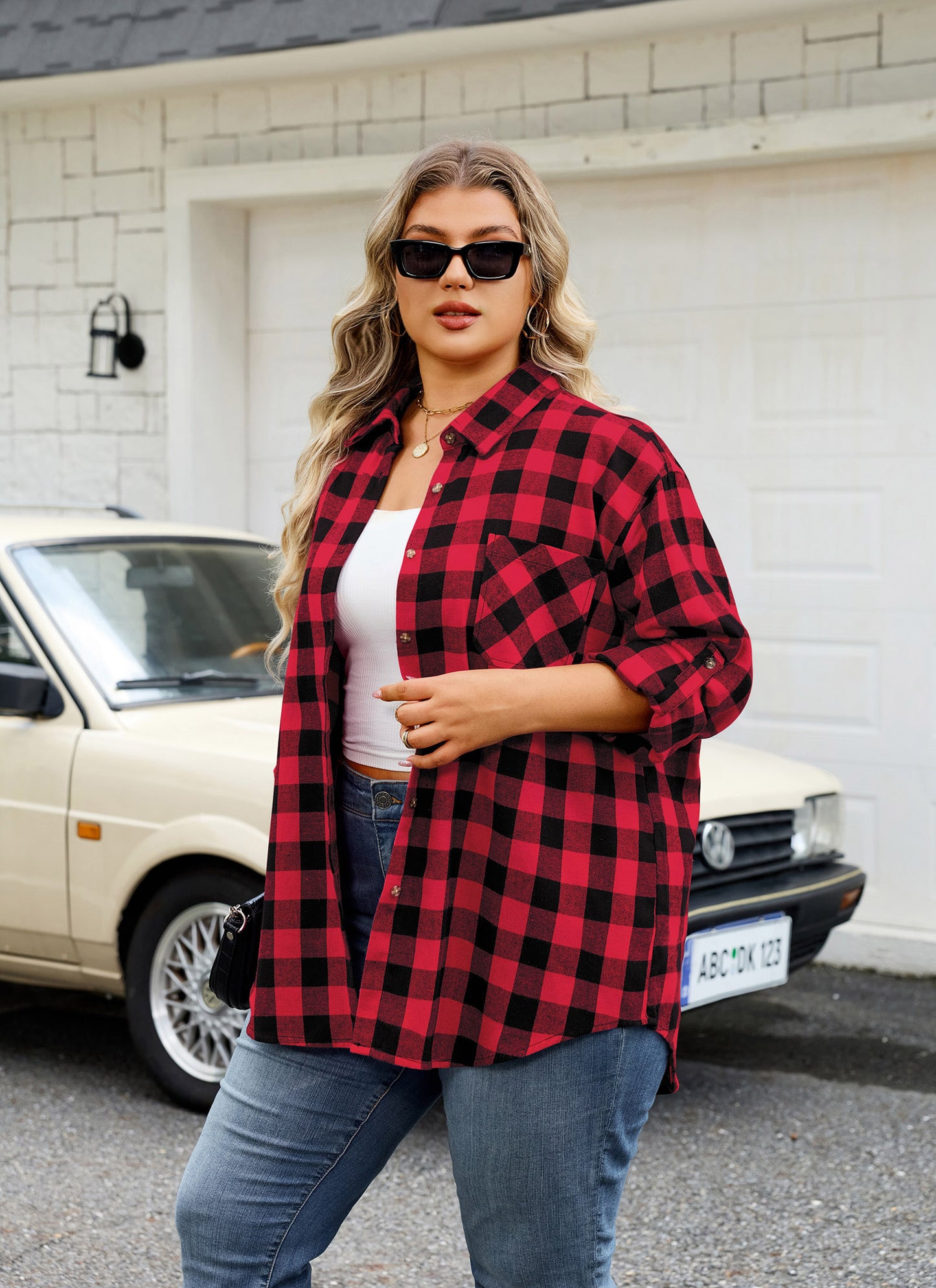 Womens Plus Size Flannel Shirts Long Sleeve Button Down Plaid Shirt Roll Up Oversize Checkered Blouse Top Fall I