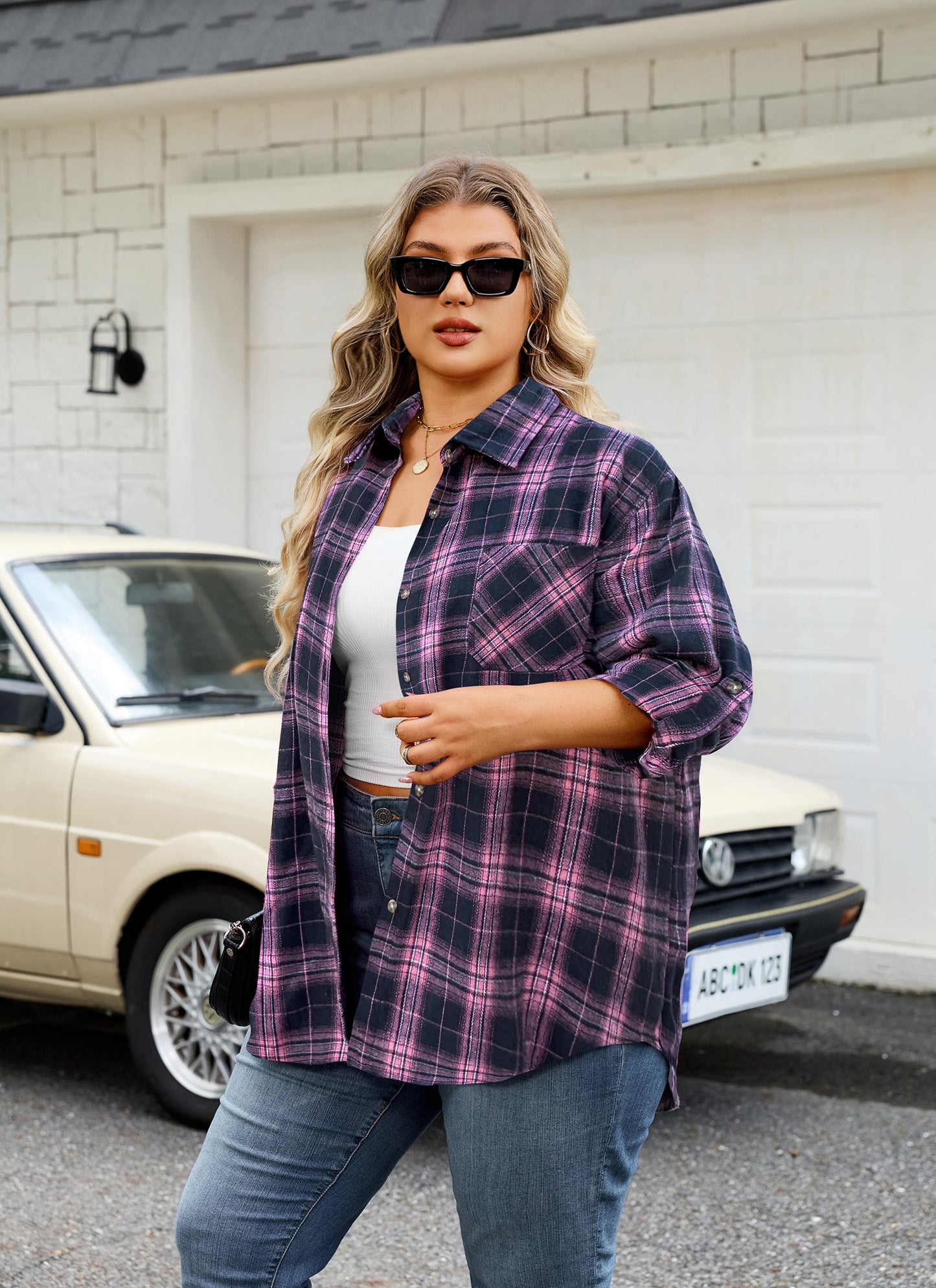 Womens Plus Size Flannel Shirts Long Sleeve Button Down Plaid Shirt Roll Up Oversize Checkered Blouse Top Fall  A-02 Pink Navy Blue Plaid Shirt