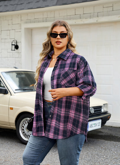 Womens Plus Size Flannel Shirts Long Sleeve Button Down Plaid Shirt Roll Up Oversize Checkered Blouse Top Fall  A-02 Pink Navy Blue Plaid Shirt