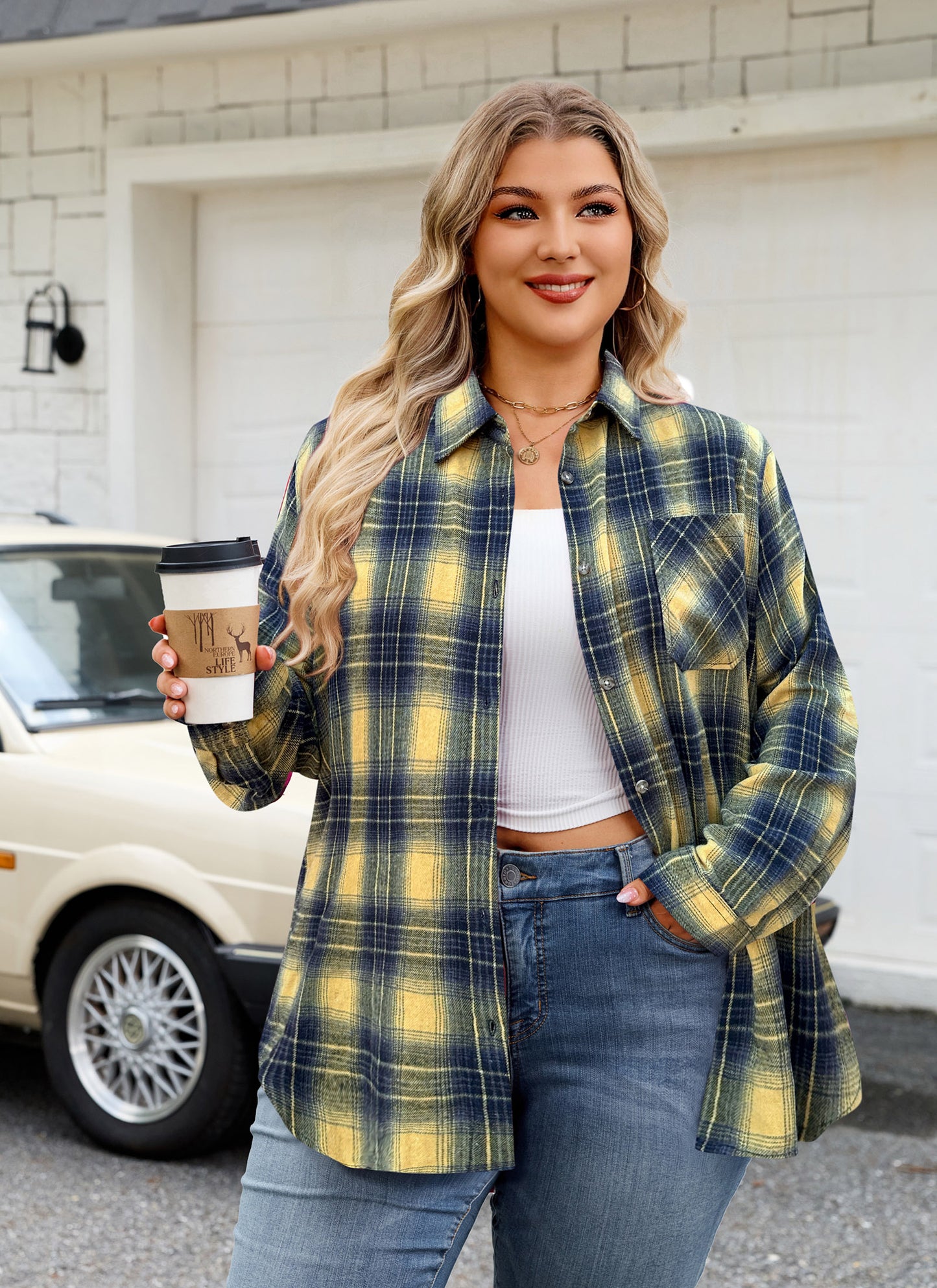 Womens Plus Size Flannel Shirts Long Sleeve Button Down Plaid Shirt Roll Up Oversize Checkered Blouse Top Fall G-01 Yellow Flannel Shirt