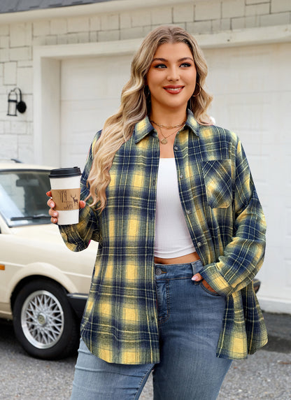 Womens Plus Size Flannel Shirts Long Sleeve Button Down Plaid Shirt Roll Up Oversize Checkered Blouse Top Fall G-01 Yellow Flannel Shirt