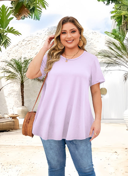 Tunic Tops for Women Plus Size Short Sleeve Crew Neck Swing Flare Loose T-Shirt Blouses to Wear with Leggings  B3 SATXP